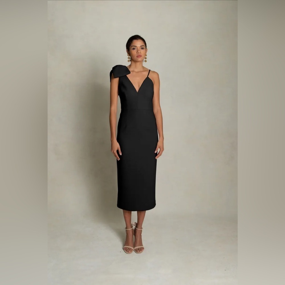 Rebecca Vallance Love Bow Dress Black Strappy Midi Formal Dress size US 6